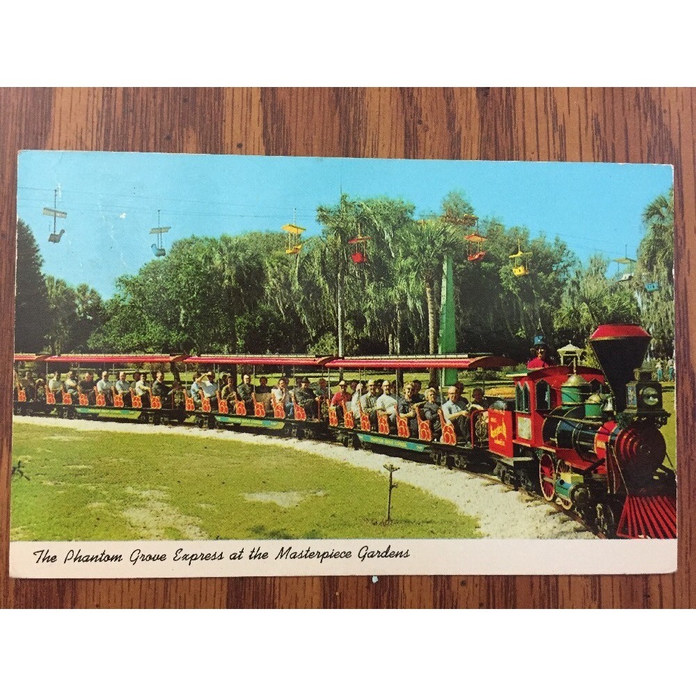 VTG 1976 Postcard Phantom Grove Express Train Masterpiece Gardens Lake Wales FL